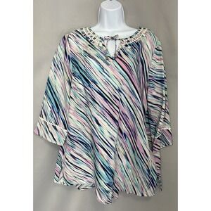 Rafaella Top Women's Large Tunic Blouse 100% Linen 3/4 Sleeve Pink Blue